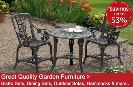 Savings of up to 53% on great quality garden furniture including bistro sets, dining sets, Outdoor Sofas, Hammocks, Rattan & more